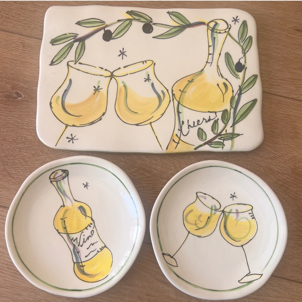 Vtg Julia Junkin Hand Painted Ceramic Wine Olive Appetizer Set‎ Plates 3pc